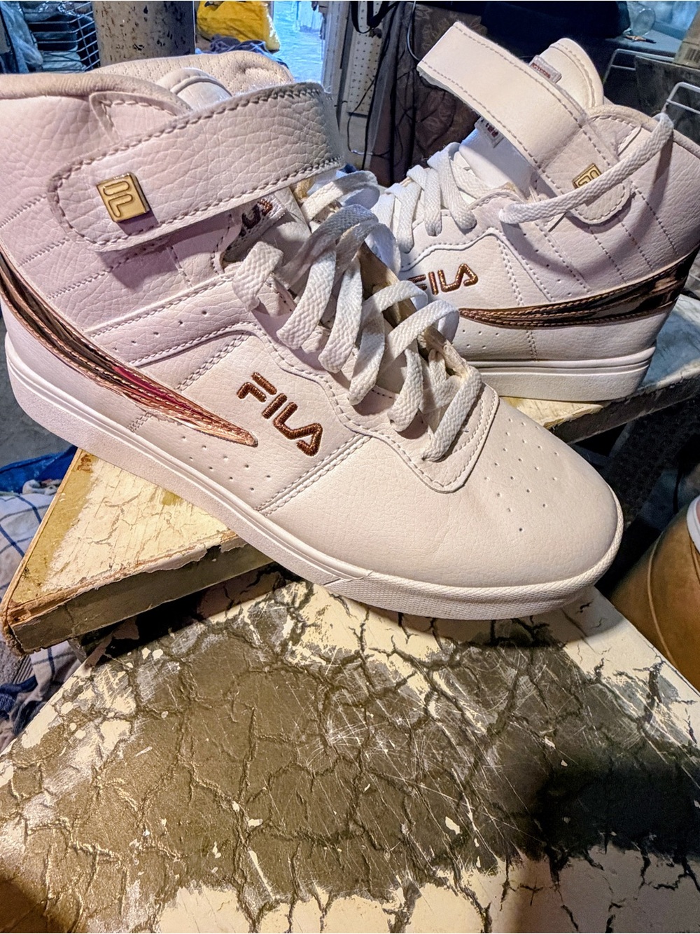 FILA White Women's High-Top Sneakers with Rose Gold Trim